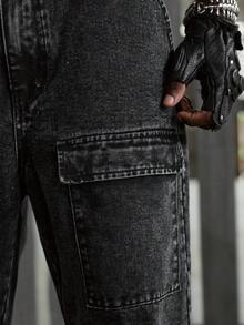 NEON BLANC Quần jeans ống loe cargo nam, kiểu dáng thường ngày, đã qua xử lý giặt. - màu đen - Xem 4