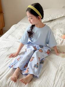 DAZY 2件套少女休闲圆领长袖针织上衣和裤子家居服套装，秋季 - 藍色 - 查看 6