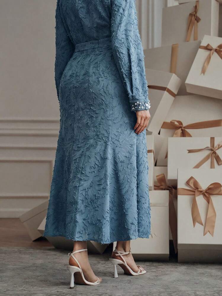 Plus Size Women's Elegant Jacquard Fabric Blue Waist Fitted Mermaid Skirt