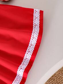 少女红色双层彼得潘领无袖束腰蝴蝶结樱桃印花连衣裙，时尚夏季海滩度假风 - 紅色 - 查看 10