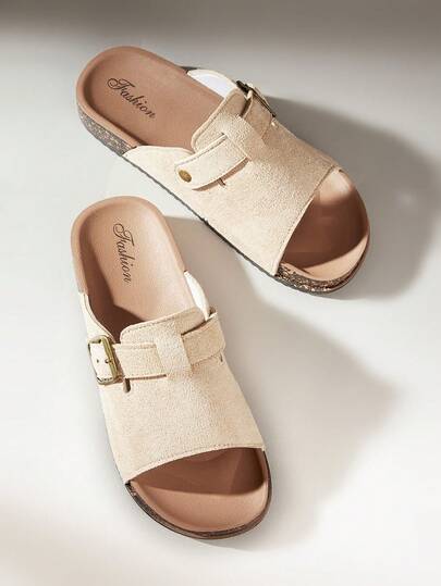 Solecia Women's Flat Sandals, Casual Slippers, Light And Comfortable Buckled Casual Shoes, Imitation Suede Top Round Toe Design, Fashionable Outdoor Beach Slippers