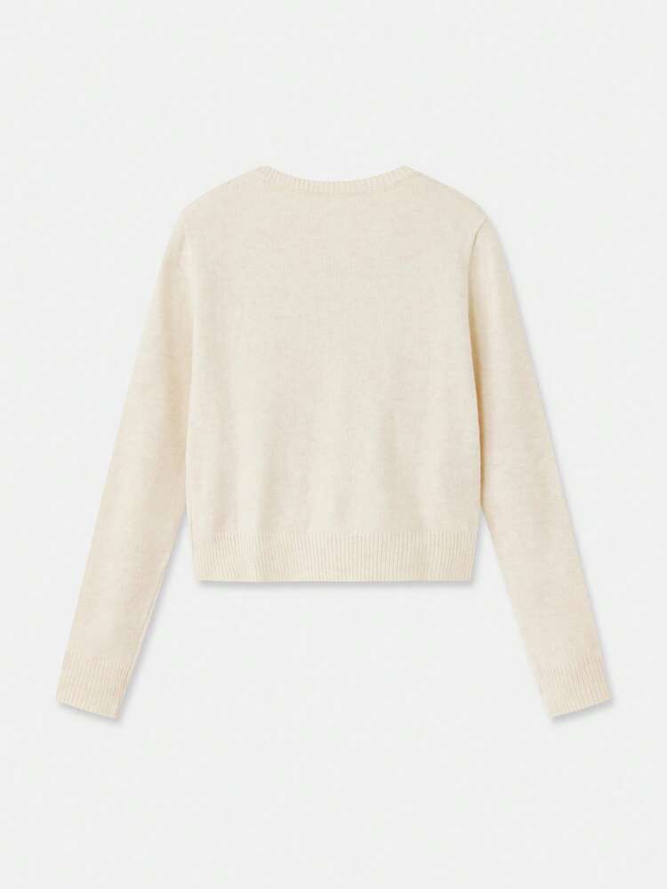 Beige Knitted Cropped Cardigan With Floral Rose Embroidery And Button Front Cosy Autumn Winter