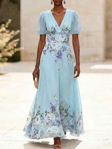 Balvessa Women's Elegant Printed V-Neck Waist Tie A-Line Maxi Dress, Floral Pattern, Suitable For Spring/Summer - Multicolor - View 3