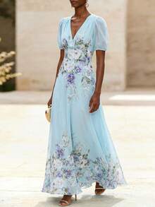 Balvessa Women's Elegant Printed V-Neck Waist Tie A-Line Maxi Dress, Floral Pattern, Suitable For Spring/Summer - Multicolor - View 6