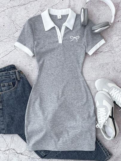 SHEIN Vestido ajustado de punto acanalado con cuello de contraste personalizado, botones y bordado de mariposa para niña preadolescente en gris y blanco, vestidos de verano