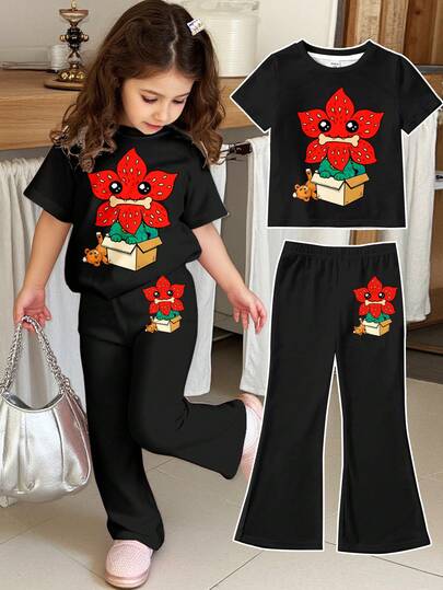 SHEIN Cute Cartoon Floral Print Young Girl Casual Minimalist Round Neck Short Sleeve Top And Flare Pants 2-Piece Set, Suitable For Summer