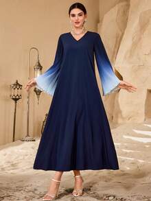 Al Najma Women's Casual Fashionable Minimalist Ombre Pleated Flare Sleeve V-Neck Arabic Style Dress - Navy Blue - View 3
