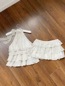 Comfortcana Women's Polka Dot Print Layered Ruffle Halter Top And Skirt 2 Pieces Set - Black and White - View 7