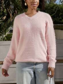 Yess Loren Women's Plush Knit Drop Shoulder Sweater,Long Sleeve Tops Knit Pullover Fall Winter Outfit - Pink - View 4