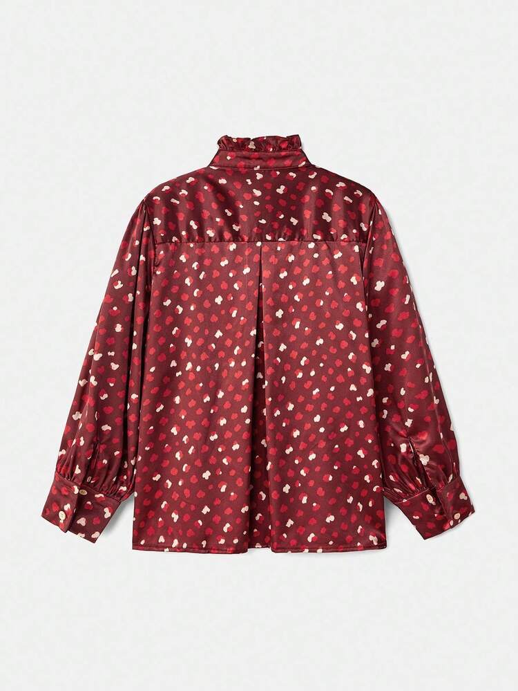Satin Dot-Print Blouse With Pintuck And Ruffle Neckline Fall Women Clothes Autumn Winter
