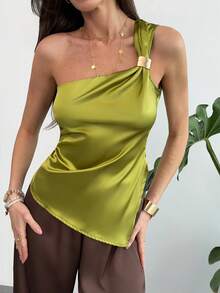 Aloruh Áo kiểu nữ màu trơn, cổ lệch, xếp ly, không tay, thanh lịch. - Màu Mù tạt vàng - Xem 8