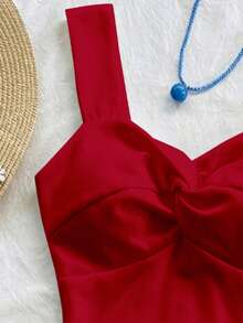 Soleia 休闲简约度假波西米亚风优雅浪漫复古红色连衣裙，适合情人节、音乐节、海滩、度假、夏季郊游，前扭结设计宽肩带修身中长连衣裙，女士 - 彩色 - 查看 5