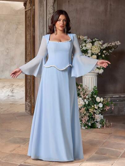 Aureia Plus Size Elegant Romantic Blue U-Neck Flare Sleeve Baskia Waist A-Line Dress, Suitable For Wedding, Date, Vacation, Bridesmaid