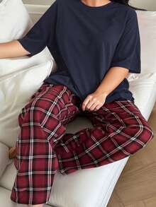 Dazy Plus Round Neck Loose Fit Plaid Pajama Set, Homewear - Navy Blue - View 3