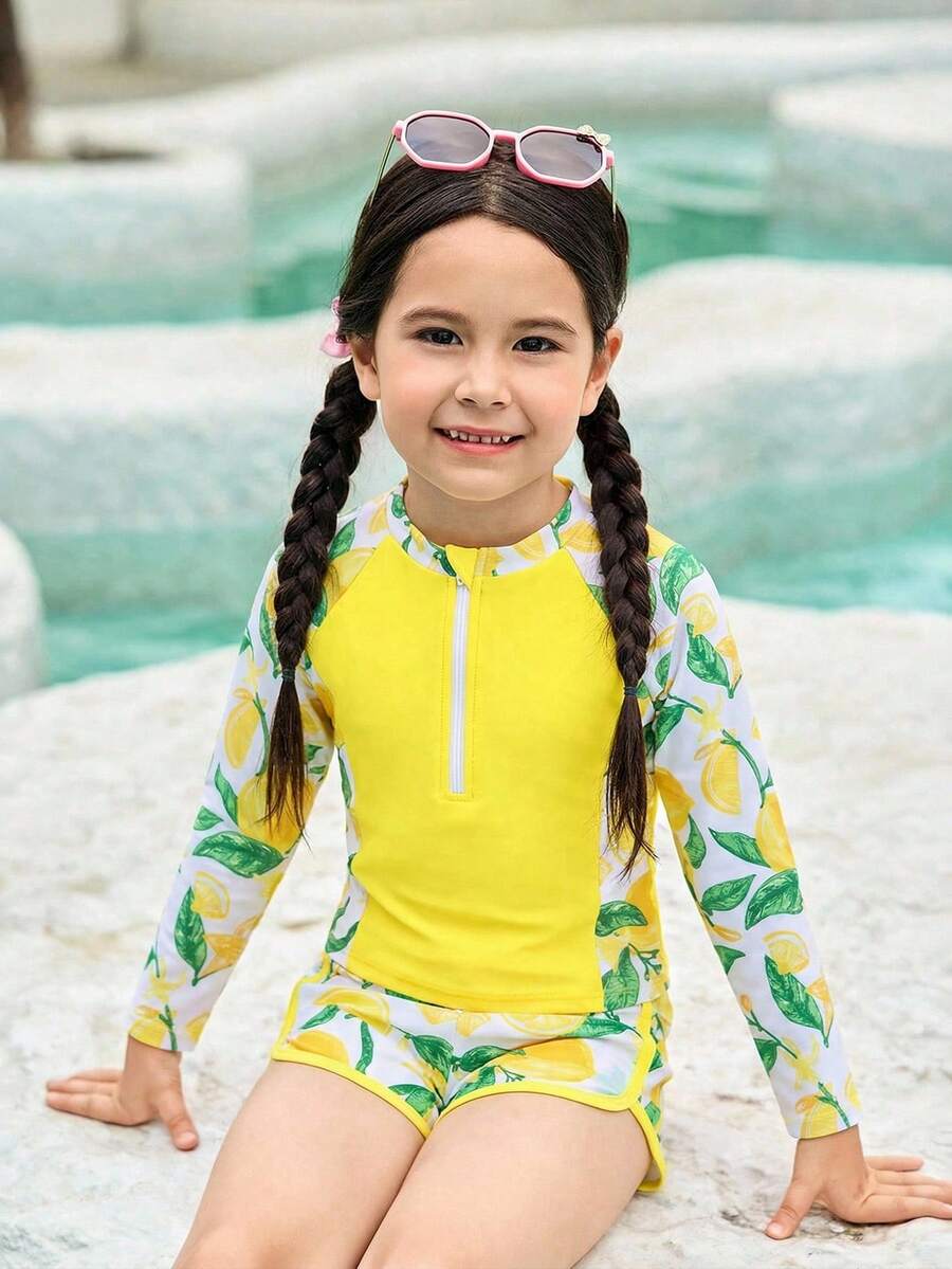 SHEIN 少女柠檬印花夏季沙滩泳装套装 - 黃色 - 查看 1