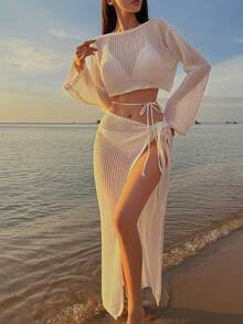 DAZY Conjunto de 2 piezas de estilo de vacaciones en la playa para mujer, top corto con hombros descubiertos y falda ajustado - Blanco - Ver 3