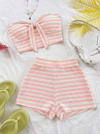 Soleia Women's Black & White Striped Woven Fabric Tie-Up Bandeau Top And High-Waisted Shorts 2-Piece Set, Suitable For Dates, Afternoon Tea, Beach, Cruise, Road Trips, Music Festivals, Boho Vacations