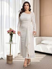 Feyla Plus Size Solid Color Minimalist Long Sleeve Lace Dress, Everyday Wear - Apricot - View 4