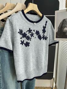 SHEIN Franclia 新款休闲宽松碎花甜美复古女式针织毛衣，春秋季 - 淺灰色 - 查看 4