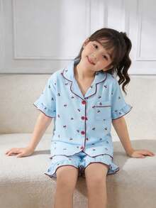 Genkimix Kids Summer Clothes  Tween Girls Pajamas Set, Comfortable & Fashionable Cherry Print Ruffle Trim Elegant Short Sleeve Shorts 2 Pieces Sleepwear - Baby Blue - View 6