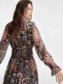 Aveloria Modichic Vestido de manga acampanada con estampado retro de contraste de color transparente, elegante y bohemio para vacaciones y viajes - Multicolor - Ver 2