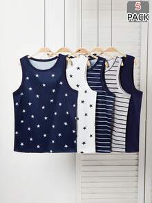 paquete de 5 piezas de camisetas sin mangas casuales y cómodas para niños con estampado de rayas y estrellas, ligeras, suaves y versátiles, aptas para todas las estaciones - Multicolor - Ver 5
