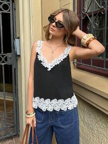 SHEIN Frenchy Women's Contrast Lace Loose Fashion Camisole For Vacation - Black and White - View 4