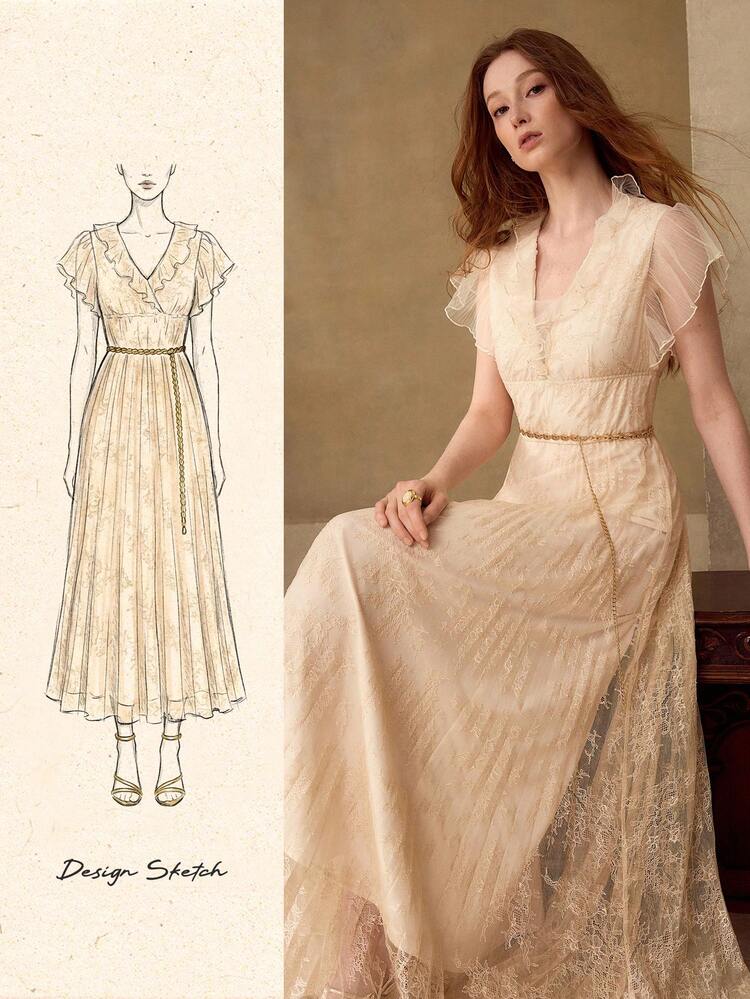 WOMEN'S V-NECK PLEATED LONG SLEEVE DRESS, SPRING/SUMMER