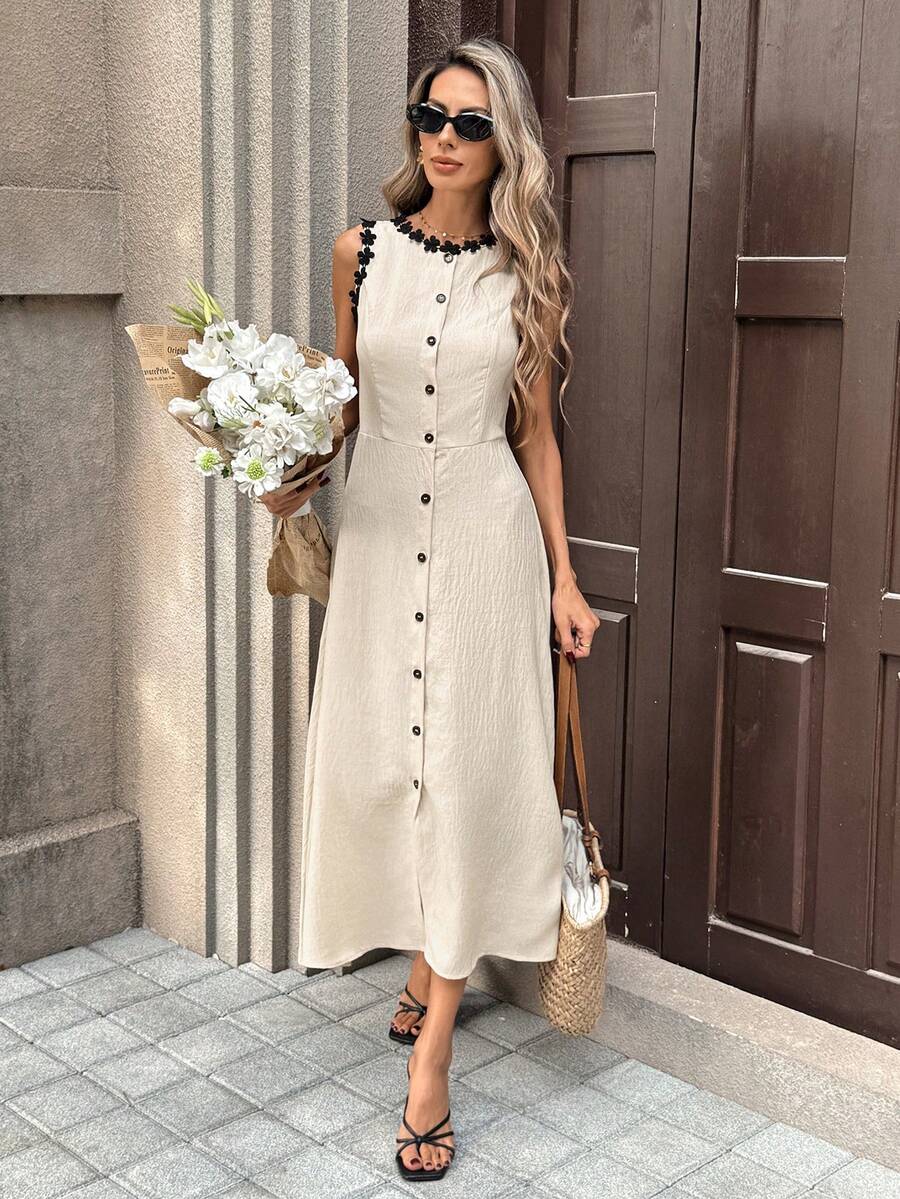 Pariaura Women's New Sleeveless Lace Trim Front Placket Mid-Length Dress, Suitable For Vacation And Travel Outfits - Apricot - View 1