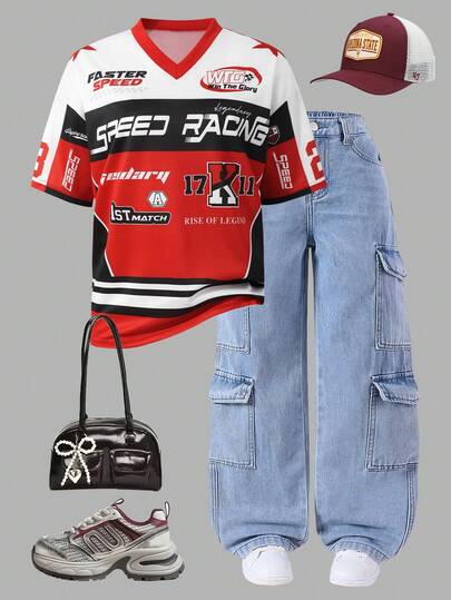 SHEIN ChillGRL 少女休闲街头日常通勤字母撞色条纹印花V领短袖针织T恤