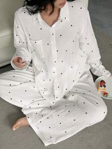 Dazy Plus Heart Print Loose Long Sleeve Top And Long Pants Pajama Set, Plus Size Women Spring/Autumn Sleepwear - White - View 8