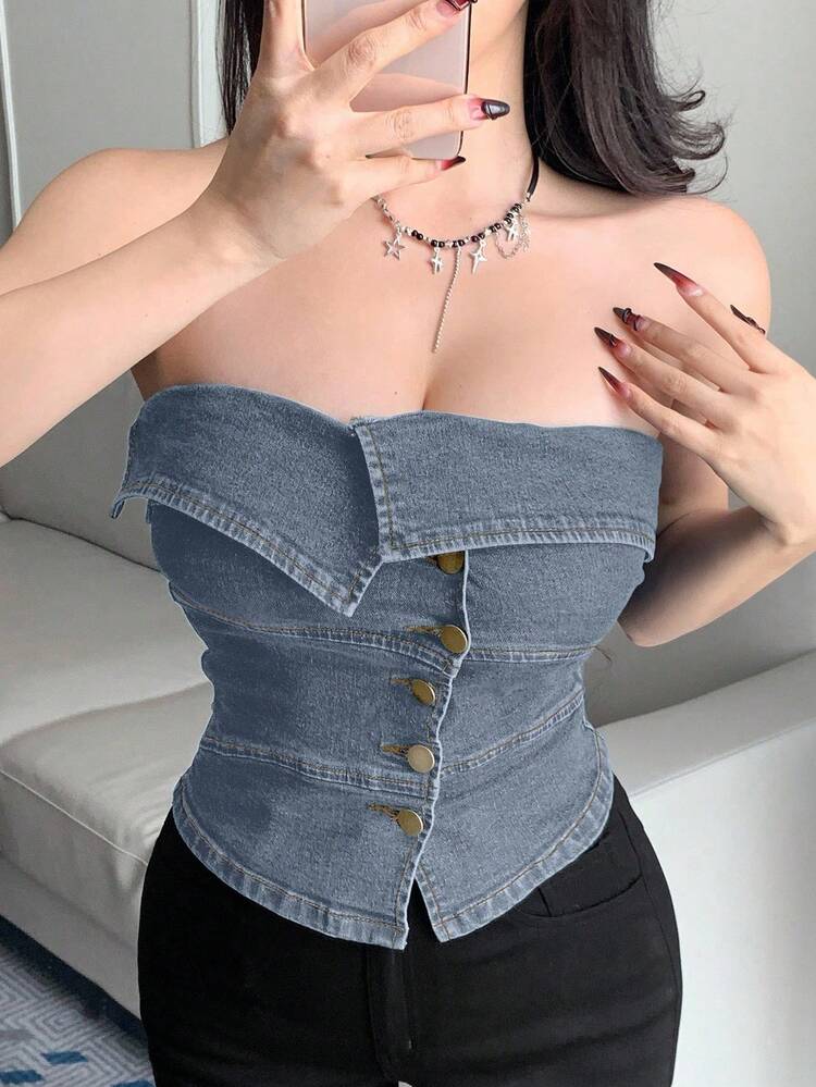 Summer Sexy Fitted Denim Crop Top With Off Shoulder Design