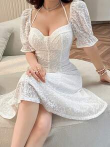 Feyla 女士优雅浪漫纯色提花夏季连衣裙 - 白色 - 查看 2