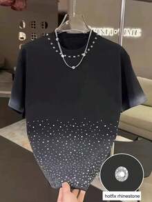 Manfinity Dauomo Men's Casual Fashion Street Ombre Washed Rhinestone Rivet Decor Short Sleeve T-Shirt, Summer - Black - View 3
