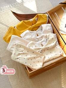Vintaside Kids 2025年春秋季女婴6件套服装，可爱蝴蝶结领花朵装饰圆领长袖上衣和碎花休闲裤，3件套幼儿女童套装 - 黃色 - 查看 3