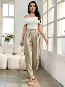 Modelyn 女士纯色高腰褶裥休闲锥形裤 - 卡其色 - 查看 4