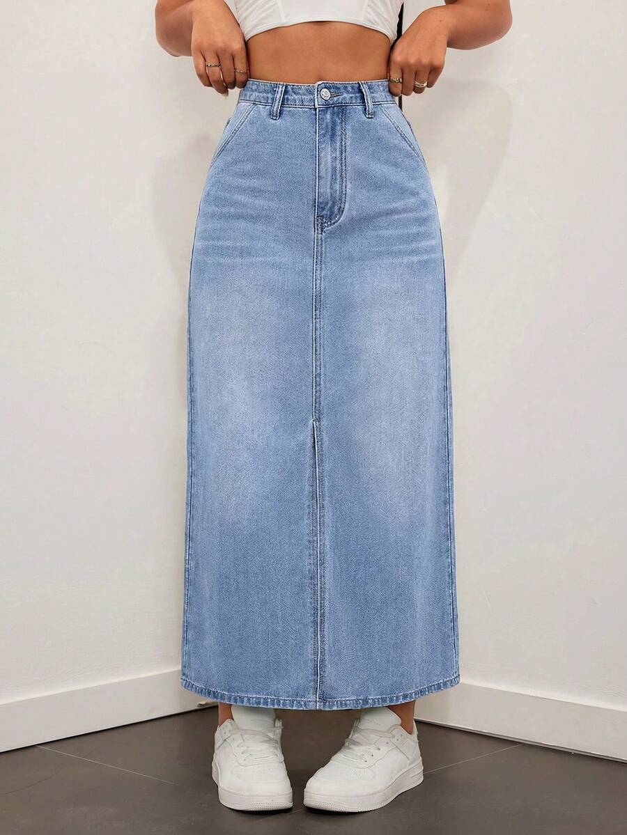 SHEIN EZwear Falda vaquera recta con bolsillos sesgados y lavado casual - Lavado ligero - Ver 1