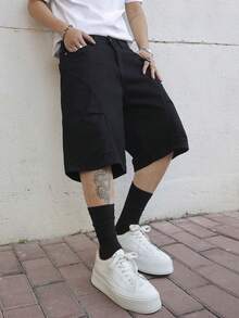 Manfinity EMRG Quần short denim ống rộng màu đen dáng rộng thoải mái dành cho nam, thích hợp mặc mùa hè. - màu đen - Xem 4