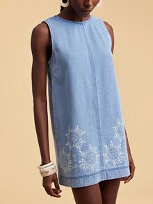 Travachic Women's Round Neck Geometric Pattern Casual Vacation Everyday Denim Dress - Light Wash - View 7