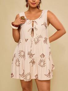 Travachic Vestido mini sin mangas con lazo de amarre y falso bordado en la parte delantera, en color caqui, para tallas grandes y uso casual y versátil - Caqui - Ver 5