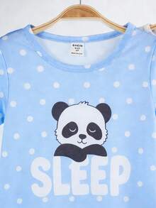 Genkimix Kids 2件套 女童简约可爱熊猫印花短袖长款睡衣套装，粉色和灰色 - 藍色 - 查看 5