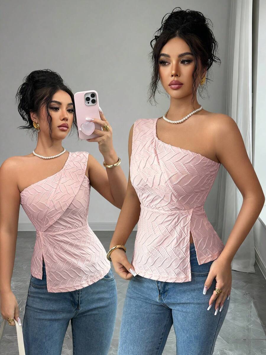Elenzga Women's Fashion Textured Fabric Asymmetric Hem Romantic Elegant Casual Commute Date Party Dinner Top, Spring/Summer - Pink - View 1