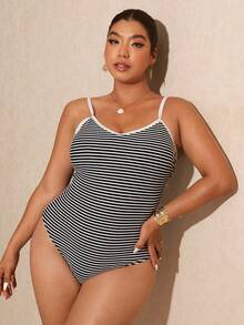 SHEIN Elaquor 大码条纹吊带连体泳衣 - 黑與白 - 查看 6