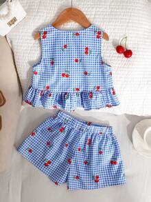SHEIN Young Girl Casual Vacation Cherry Blue Plaid Vest Shirt Top And Shorts Set - Blue and White - View 2