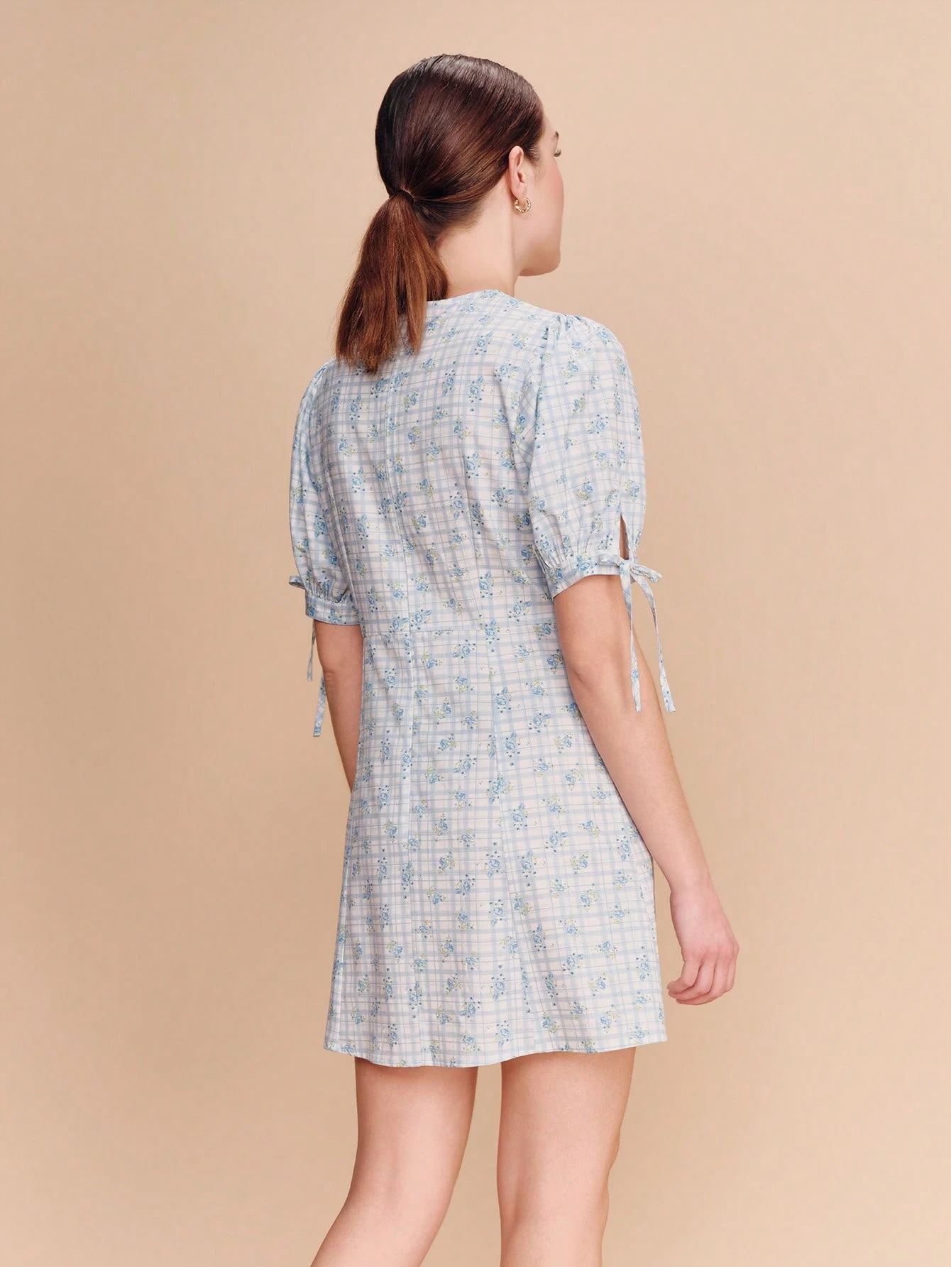 Short Dress With Blue Checkered Floral Print And Tied Sleeves Cute Style Spring Summer Vacation French Style Parisian Style Wedding Guest Dress