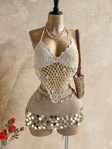 Soleia 女士不对称下摆亮片钩编吊带上衣，适合夏季度假 - 杏色 - 查看 3