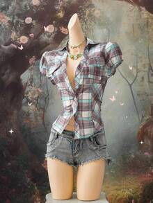 SHEIN DivaQ 女士Y2K风格休闲复古性感修身格子衬衫 - 彩色 - 查看 3