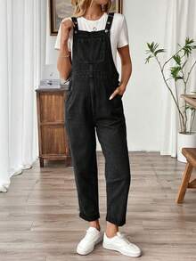 SHEIN Maternity Casual Minimalist Solid Color Drawstring Waist Denim Overalls With Rolled Hem - Black - View 7