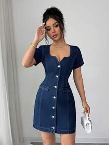Elenzga 女士单排扣收腰休闲牛仔连衣裙，适合日常穿着和约会 - 深色水洗藍 - 查看 3
