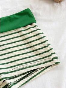 Soleia 两件套条纹针织纹理无袖上衣配金属扣细肩带短裤，休闲度假、派对、约会、夜店、波西米亚风、复古风、假日女装 - 綠色 - 查看 6